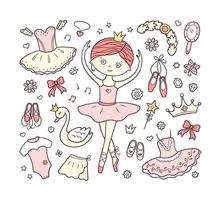 kleine ballerina en een set balletaccessoires. handgetekende tutu, pointes, balletjurk, zwaan, kroon. geïsoleerde vectorillustratie in doodle-stijl