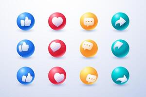 sociaal media cirkel icoon reeks duimen, opmerking, delen en liefde 3d stijl vector