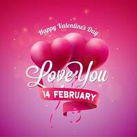 worden mijn Valentijn - ik liefde jij. gelukkig valentijnsdag dag ontwerp met rood ballon hart en typografie brief Aan rood patroon achtergrond. vector bruiloft en romantisch Valentijn thema illustratie voor folder