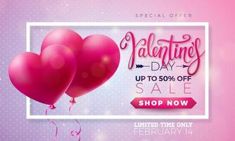 valentijnsdag dag uitverkoop ontwerp met rood hart ballon Aan glimmend licht roze achtergrond. vector speciaal aanbod illustratie voor coupon, banier, tegoedbon of promotionele poster