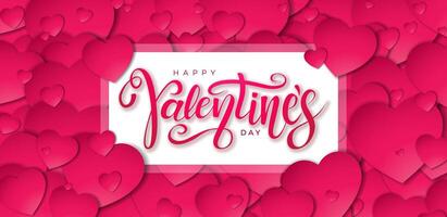 gelukkig valentijnsdag dag ontwerp met typografie brief en wit kader Aan rood hart achtergrond. vector bruiloft en romantisch liefde Valentijn thema illustratie voor folder, groet kaart, banier, poster