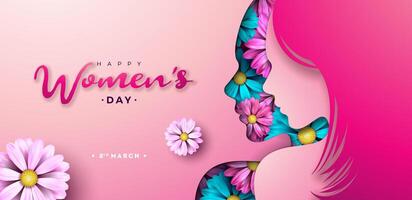 8 maart. gelukkig vrouwen dag bloemen illustratie. Internationale vrouwen dag vector ontwerp met voorjaar kleurrijk bloem en jong vrouw silhouet Aan roze achtergrond. Dames of moeder dag thema sjabloon