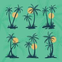 palm boom kokosnoot boom tropisch zonsondergang strand silhouet vector reeks