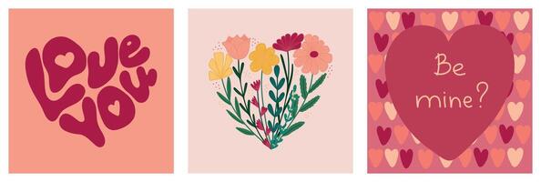 reeks van groovy Valentijnsdag dag kaarten met belettering liefde u en worden de mijne in hart vorm geven aan, boeket van bloemen in hart vorm geven aan. vector