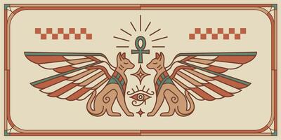 twee gevleugeld Egypte katten, heilig oog van god horus. oude Egypte wijnoogst kunst hipster lijn kunst illustratie vector met oog van horus met heilig scarabee Vleugels muur kunst ontwerp in schets minimaal ontwerp