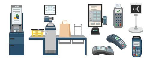 reeks van contactloos betaling apparaten in vlak stijl geïsoleerd Aan wit. betaling terminal, Geldautomaat machine, zelf uitchecken, kiosk. vector