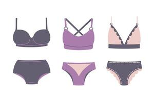 reeks van Purper Dames ondergoed, Dames lingerie. verschillend beha en slipje. ondergoed, bikini verzameling. brasserie en onderbroek, broek, slip. vector