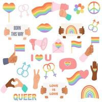 trots maand concept, geslacht gelijkwaardigheid, mensen diversiteit. reeks van elementen zo net zo regenboog vlag, hart, lippen, mannetje en vrouw symbool, megafoon. vector