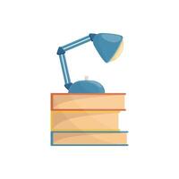 helder tekenfilm illustratie van stack van boeken en tafel lamp voor aan het studeren. grafisch afdrukken concept van lezing, kennis en onderwijs. vector kleurrijk school- en wetenschap element
