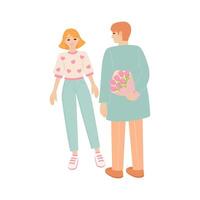 mooi gelukkig paar van jong vrouw en Mens. schenken een boeket van bloemen.. romantisch illustratie van mensen dating en in liefde. Valentijnsdag dag tekenfilm vector illustratie