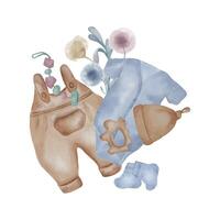 illustratie met baby kleren, zitzak en abstract planten geïsoleerd Aan wit achtergrond. hand- getrokken baby bodysuit en rompertje. baby speelgoed- in pastel tinten. elementen voor verjaardag kaart of pasgeboren partij vector