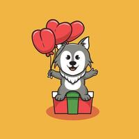 schattig wolf met rood ballon tekenfilm illustratie vector