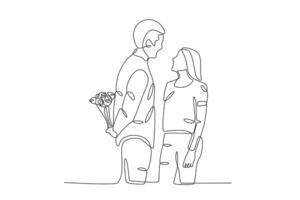 een Mens geeft een bloem verrassing naar zijn vriendin vector