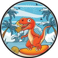 een tekenfilm dinosaurus Aan een surfboard vector. vector