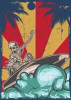 een poster met een skelet rijden een surfplank. vector