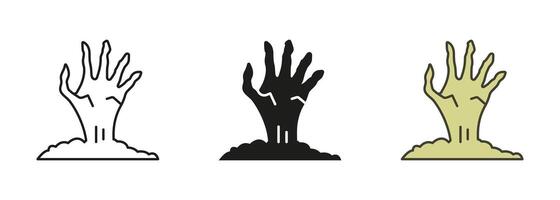 zombies hand- halloween decoraties pictogram set. dood Mens hand- plakken uit grond lijn en silhouet pictogrammen. eng monsters benig arm zwart en kleur symbool verzameling. geïsoleerd vector illustratie