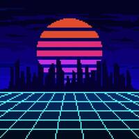 pixel synthwave neon maas met stad en zon achtergrond. blauw dampgolf landschap met rooster digitaal ontwerp met donker wolkenkrabbers en gestreept ster in Purper nacht vector lucht
