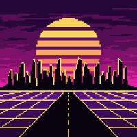 pixel synthwave weg met stad en zon achtergrond. neon opnieuw magnetron landschap met maas digitaal snelweg met donker wolkenkrabbers en gestreept ster in Purper nacht vector lucht