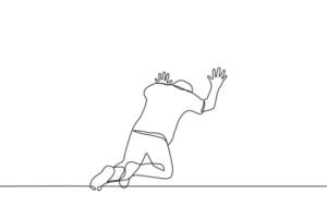 Mens knielt resting zijn palmen tegen de muur zijn hoofd is naar beneden - een lijn tekening vector. concept van zwaarte, mentaal of fysiek crisis, wanhoop of rouw vector