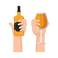 fles alcohol met glas alcohol drinken in hand- illustratie vector