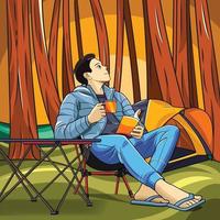 mannelijke kampeerder genietend van afternoon tea vector illustratie pro download