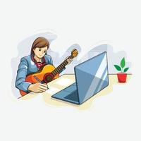 slimme vrouw met akoestische gitaar die muziek componeert vectorillustratie pro download