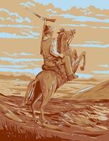 cowboy rijden steigerend paard in vlaktes van wild west wpa poster kunst vector