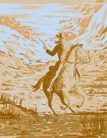 cowboy rijden paard in vlaktes van wild west wpa poster kunst vector