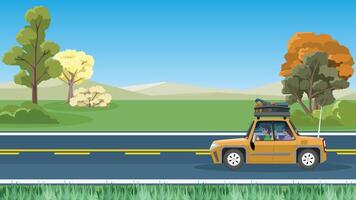 horizontaal van asfalt weg met weide en bomen. oranje passagier auto met een Mens het rijden en een vrouw zittend in de rug. Aan de dak Daar is een rek dat houdt een veel van bagage voor reizend. vector