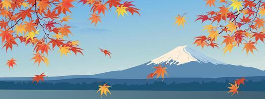 herfst takken Aan de achtergrond van monteren fuji. midden herfst is de tijd van blad val. de rood bladeren van de Japans esdoorn- vallen uit, fladderend in de wind. vector illustratie.