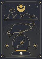 ontwerp in boho stijl voor de omslag, astrologie, tarot. kraai en sleutel. vector illustratie.
