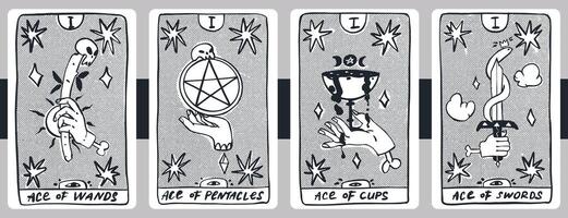 de minor geheimzinnig, azen van toverstokken, pentakels, cups en Zwaarden. hand- getrokken lijn schetsen van tarot. vector