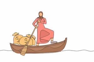 single doorlopend lijn tekening Arabisch zakenvrouw staand in boot en het zeilen met geld tas. financieel winst, geslaagd beheer. ontsnappen met geld. een lijn grafisch ontwerp vector illustratie