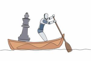 single doorlopend lijn tekening robot het zeilen weg Aan boot met schaak koning deel. strategisch Actie naar winnend bedrijf wedstrijd. toekomst technologie ontwikkeling. een lijn trek ontwerp vector illustratie