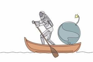 single doorlopend lijn tekening astronaut het zeilen weg Aan boot met bom. beëindiging van ruimte missie ten gevolge naar explosie wereld financieel crisis. kosmonaut diep ruimte. een lijn ontwerp vector illustratie