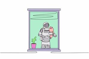 single doorlopend lijn tekening jong astronaut Holding pasgeboren baby buitenaards wezen in de buurt venster in maan oppervlak. toekomst technologie ontwikkeling. kosmonaut diep ruimte. een lijn grafisch ontwerp vector illustratie