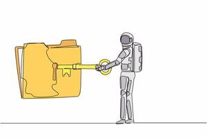 single een lijn tekening jong astronaut zetten sleutel in map icoon. document bescherming en geheim informatie voor ruimteschip expeditie. kosmisch heelal ruimte. doorlopend lijn ontwerp vector illustratie