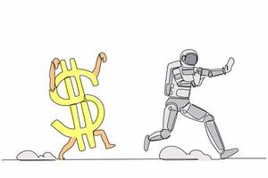 single doorlopend lijn tekening astronaut wezen achtervolgd door dollar symbool. bang met economisch of financieel crisis in ruimteschip bedrijf. kosmonaut diep ruimte. een lijn grafisch ontwerp vector illustratie