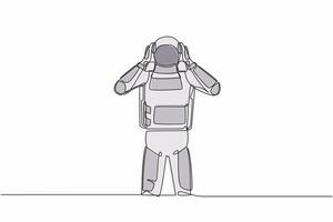 doorlopend een lijn tekening jong astronaut staand met aan het bedekken oren met handen, maken niet doen horen of luister gebaar. kosmonaut buitenste ruimte concept. single lijn grafisch ontwerp vector illustratie