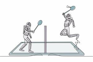 single een lijn tekening badminton rechtbank met twee astronaut spelers raken shuttle met hun rackets Aan smartphone scherm. kosmisch heelal ruimte concept. doorlopend lijn ontwerp vector illustratie