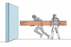 single doorlopend lijn tekening twee astronaut Holding groot log samen naar vernietigen muur. samenspel in ruimte technologie ontwikkeling. kosmonaut diep ruimte. een lijn grafisch ontwerp vector illustratie