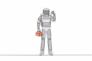 single een lijn tekening astronaut staand en Holding gereedschap doos met duim omhoog gebaar. vermogen naar reparatie in werking systeem. kosmisch heelal ruimte. doorlopend lijn trek grafisch ontwerp vector illustratie