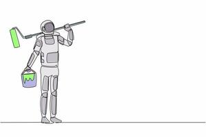doorlopend een lijn tekening astronaut schilder staand met emmer van verf en verf rol. toekomst ruimte technologie ontwikkeling. kosmonaut buitenste ruimte. single lijn grafisch ontwerp vector illustratie