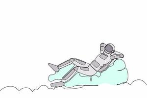 single doorlopend lijn tekening van jong astronaut ontspannende houdende Aan wolken na wormhole verkenning. toekomst technologie ontwikkeling. kosmonaut diep ruimte. een lijn grafisch ontwerp vector illustratie