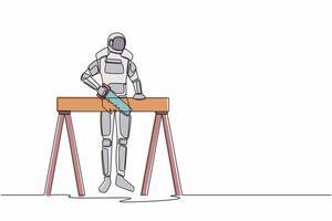 doorlopend een lijn tekening astronaut bouwer of timmerman zagen houten planken. ruimtevaarder vermogen naar reparatie in werking systeem. kosmonaut buitenste ruimte. single lijn trek grafisch ontwerp vector illustratie