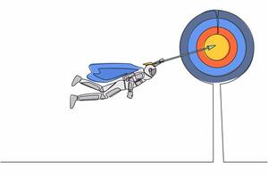 single een lijn tekening super astronaut vliegend met pijl vooruit naar bereiken ruimte expeditie succes. macht leiderschap ambitie. kosmisch heelal ruimte. doorlopend lijn trek ontwerp vector illustratie