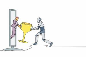 doorlopend een lijn tekening van jong mannetje geven trofee naar robot van computer scherm. winnen, leiderschap, prestatie. toekomst robot ontwikkeling. single lijn trek ontwerp vector grafisch illustratie