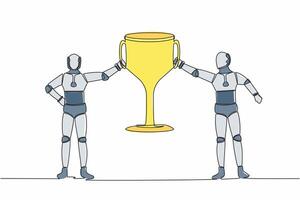 single een lijn tekening twee robots Holding gouden trofee samen. winnaars team vieren zege. kunstmatig intelligentie- machine aan het leren werkwijze. doorlopend lijn trek ontwerp vector illustratie