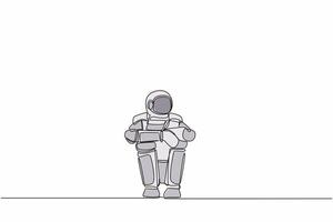 single een lijn tekening verdrietig jong astronaut lijden emotie zittend in wanhoop Aan vloer. galactisch reis project mislukking. kosmisch heelal ruimte. doorlopend lijn trek grafisch ontwerp vector illustratie