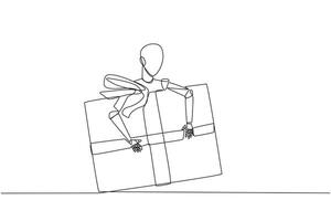 doorlopend een lijn tekening robot knuffelen geschenk doos. geschenk levering robots naar huizen. kunstmatig intelligentie. machine aan het leren werkwijze. toekomst technologie. single lijn trek ontwerp vector illustratie